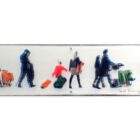 Paul Thierry „Auf dem Weg“ – Monotypie auf Leinwand, Unikat mit Reisenden und Koffern, lineare Komposition in 120 × 35 cm, handsigniert.