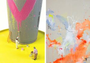 Ausstellung „Zwischen Faden und Farbe“ in der Galerie Jaeschke mit Werken von Claudia Simon und Marika Thoms, Mai 2025