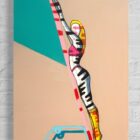 Kunstwerk „Sailing your desire“ von The Millers: stilisierte Frau klettert auf ein Bootsegel, Mischtechnik auf Leinwand, 140 × 70 cm, signiert.