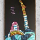 Bunte Figur mit erhobenem Bein in gemusterten Socken auf schwarzem Hintergrund mit Text „Socks – make sex great again“ – Kunstwerk „SOCKS“ von The Millers, 60 × 80 cm, Mischtechnik auf Leinwand.