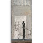 „Warten“ von Heinrich Brockmeier und Uschi Klaas: Bronze-Figur auf strukturierter Leinwand in hellen Farbtönen.