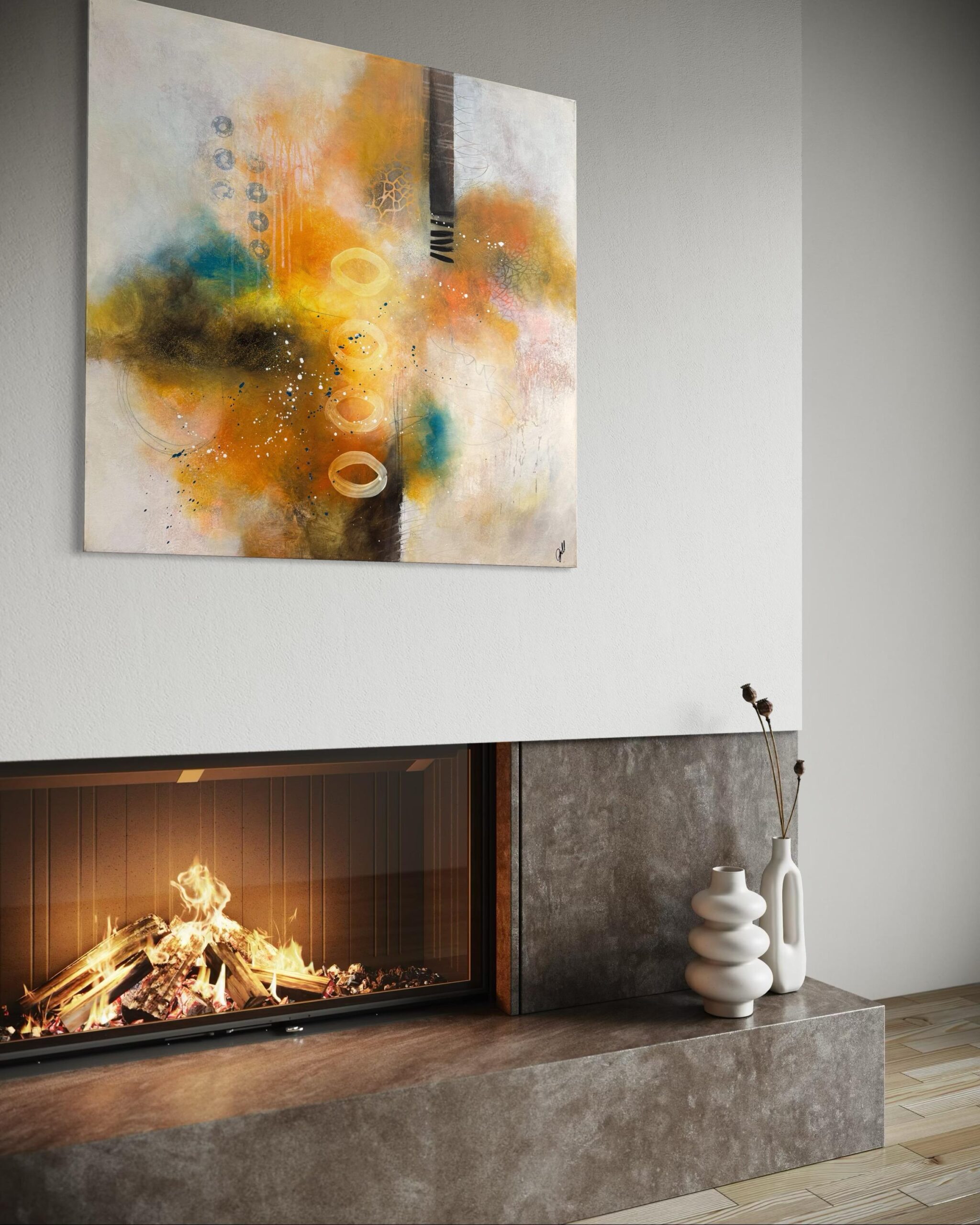 arbeit von andrea gill über einem kamin in 100x100cm