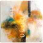 Andrea Gill „abstrakt III“, abstraktes Öl-Gemälde auf Leinwand, 100 × 100 cm, Unikat mit Gelb-Orange-Blau Kontrasten und grafischen Kreiselementen.
