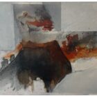 Gemälde „Nachlass Nr. 49“ von Hans-Georg Assmann, Mischtechnik auf Leinwand, abstrakte Komposition in Grau-, Rot- und Brauntönen, 140 × 100 cm, signiert.