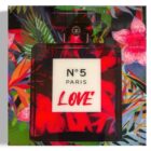 Paul Thierry „Chanel Love Red“ – Mischtechnik auf Leinwand mit Chanel No. 5 Flakon und farbintensivem Blumenmotiv, Unikat, 50 × 50 cm, handsigniert.