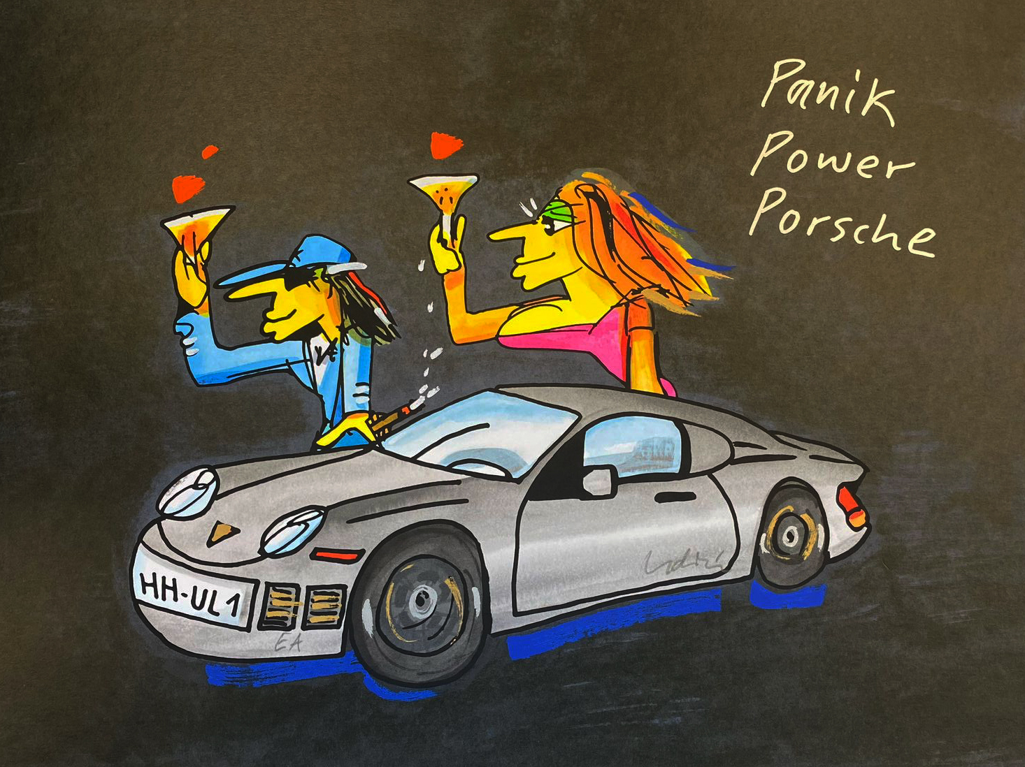 Udo-Lindenberg-Panik-Porsche-Power-42x56-galerie-jaeschke Siebdruck „Panik Power Porsche (BLACK Edition 2025)“ von Udo Lindenberg, silberner Porsche mit zwei Figuren, handsigniert, 42 × 56 cm.