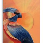 „Dawn of a new Day“ von Anna Lipski, Öl und Acryl auf Leinwand, farbiger Vogel vor warmem Lichtverlauf, 100 × 120 cm, signiertes Unikat.