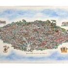 Mischtechnik-Gemälde von Herman mit detaillierter Vogelperspektive der Braunschweiger Innenstadt und umliegenden Wahrzeichen.