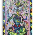 Buntes Mischtechnik-Gemälde von Max Grimm mit zentraler Figur, Bootsmotiv und vielschichtigem Hintergrund.