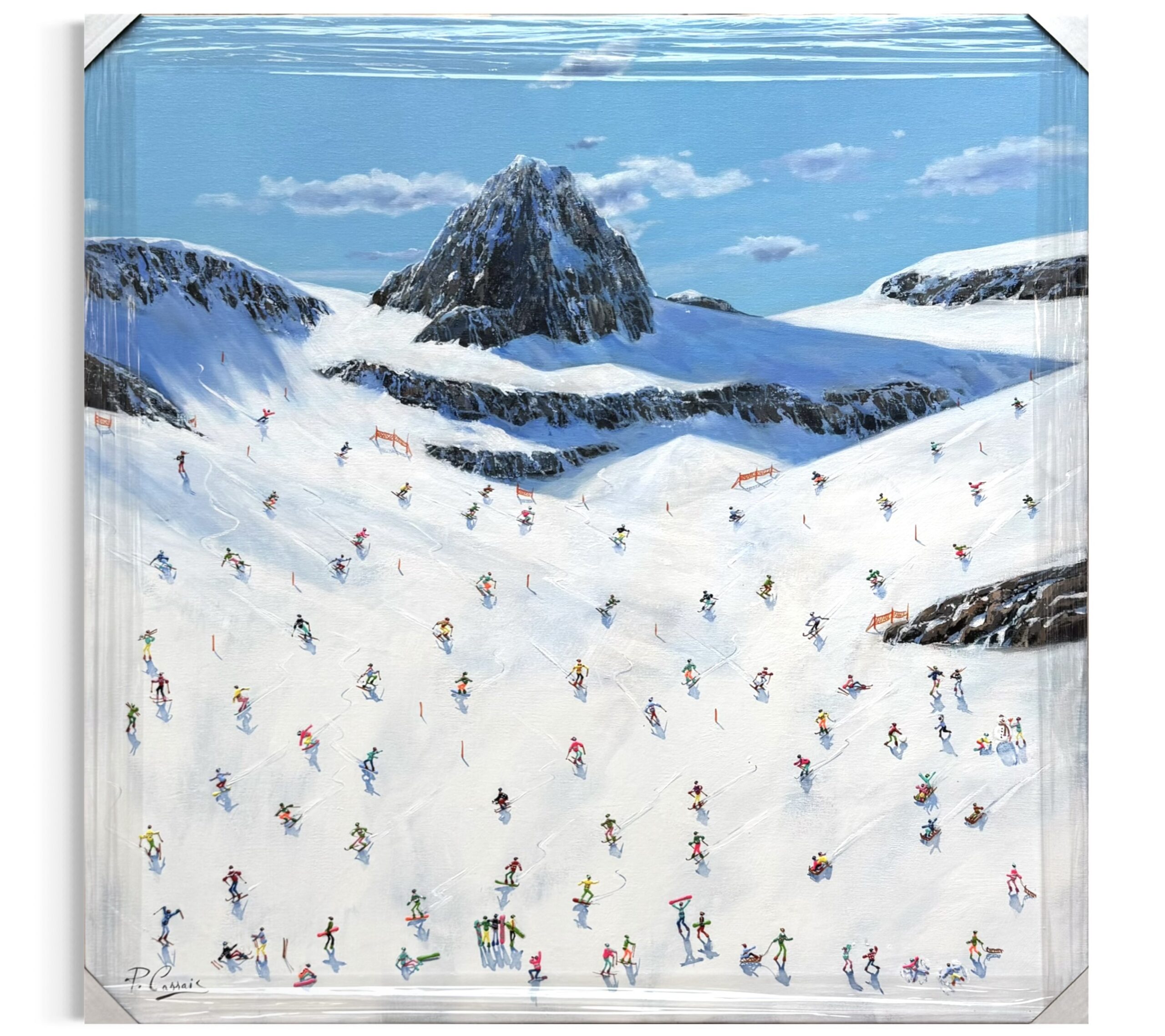 img_3751 Gemälde von Paola Cassais mit vielen Skifahrern auf einer sonnigen Bergpiste, Mischtechnik auf Leinwand, quadratisches Format 100 × 100 cm.