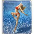 Raffaele Fiore „Tauchende Frau“, Öl- und Acrylgemälde einer Frau unter Wasser in rotem Badeanzug, 100 × 120 cm