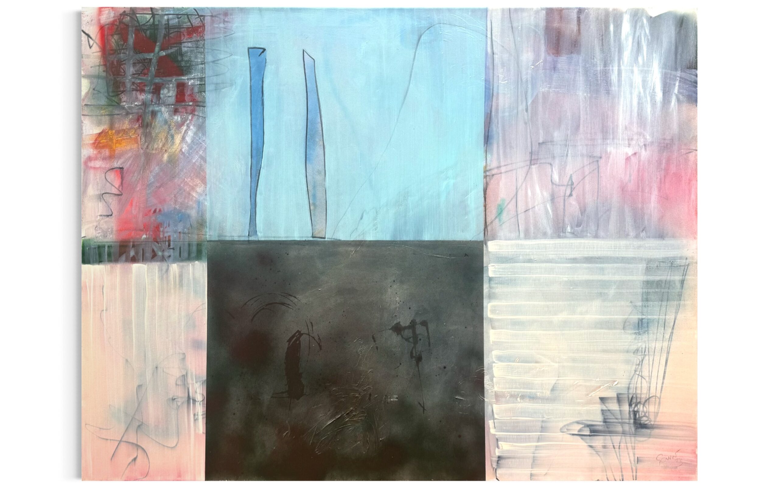 img_3807 Abstraktes Gemälde von Dirk Sommer, Acryl auf Leinwand, farblich gegliederte Segmente mit Linienstrukturen, 130 × 100 cm, signiertes Unikat.