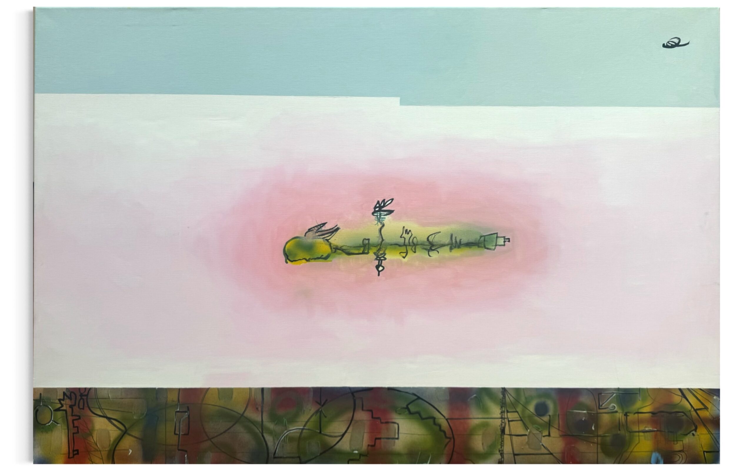 img_3808 Acrylgemälde von Dirk Sommer, abstrakte Komposition mit pastellen Flächen, zentraler grüner Form und farbintensivem, grafischem unteren Streifen, 150 × 100 cm.