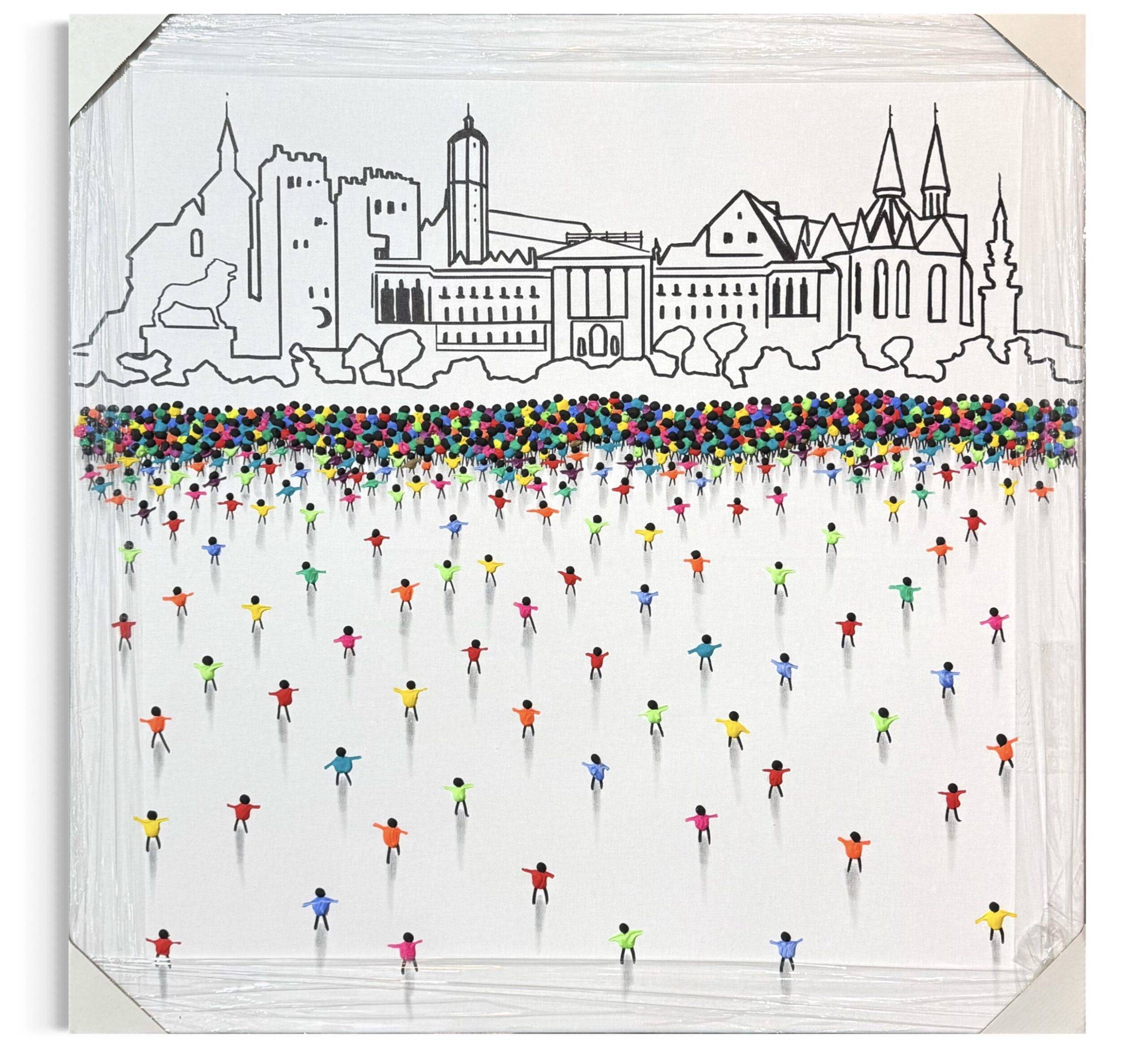 img_3866 Juan Aliaga Braunschweig Acryl Mischtechnik Leinwand Unikat 80x80 cm mit farbigen Figuren und Stadtsilhouette