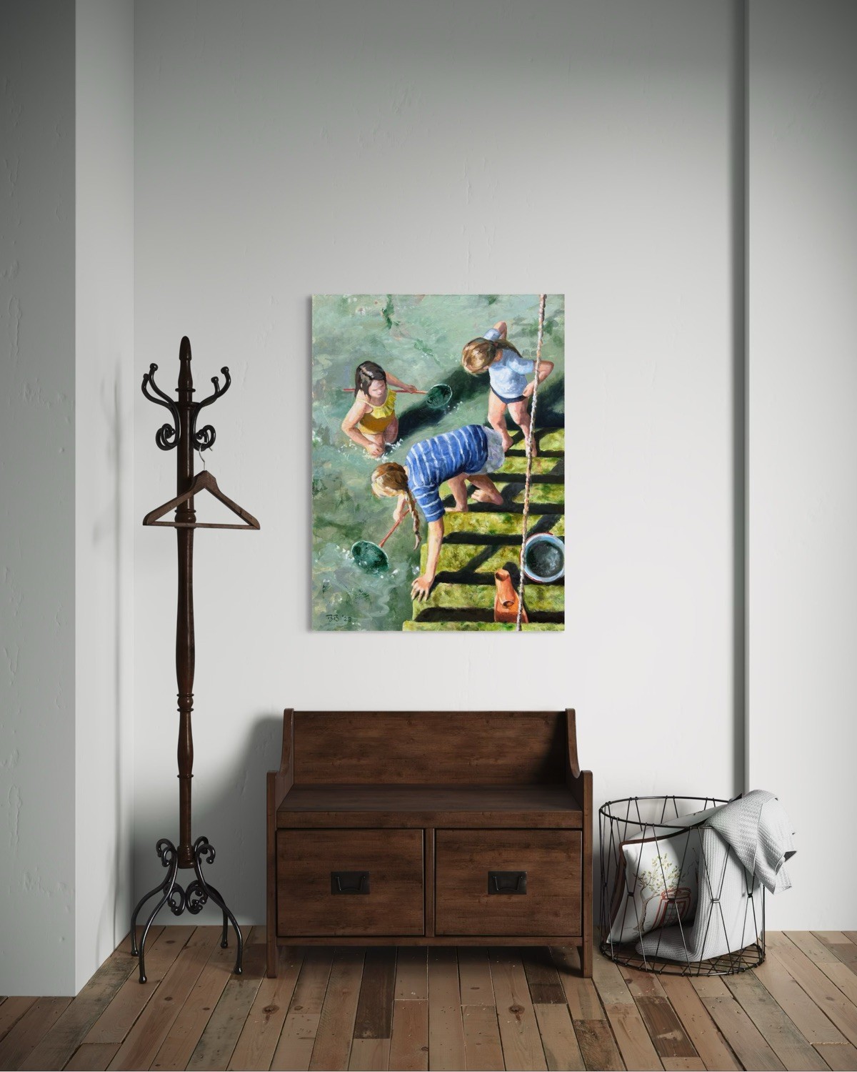 Bettina Bülow-Böll Hafentreppe, drei Kinder mit Keschern auf einer Treppe am Wasser, Acryl auf Leinwand, 90 × 120 cm.