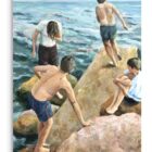 Bettina Bülow-Böll Badespaß, Acryl auf Leinwand, 115 × 90 cm, Kinder auf Felsen am Meer beim Baden.