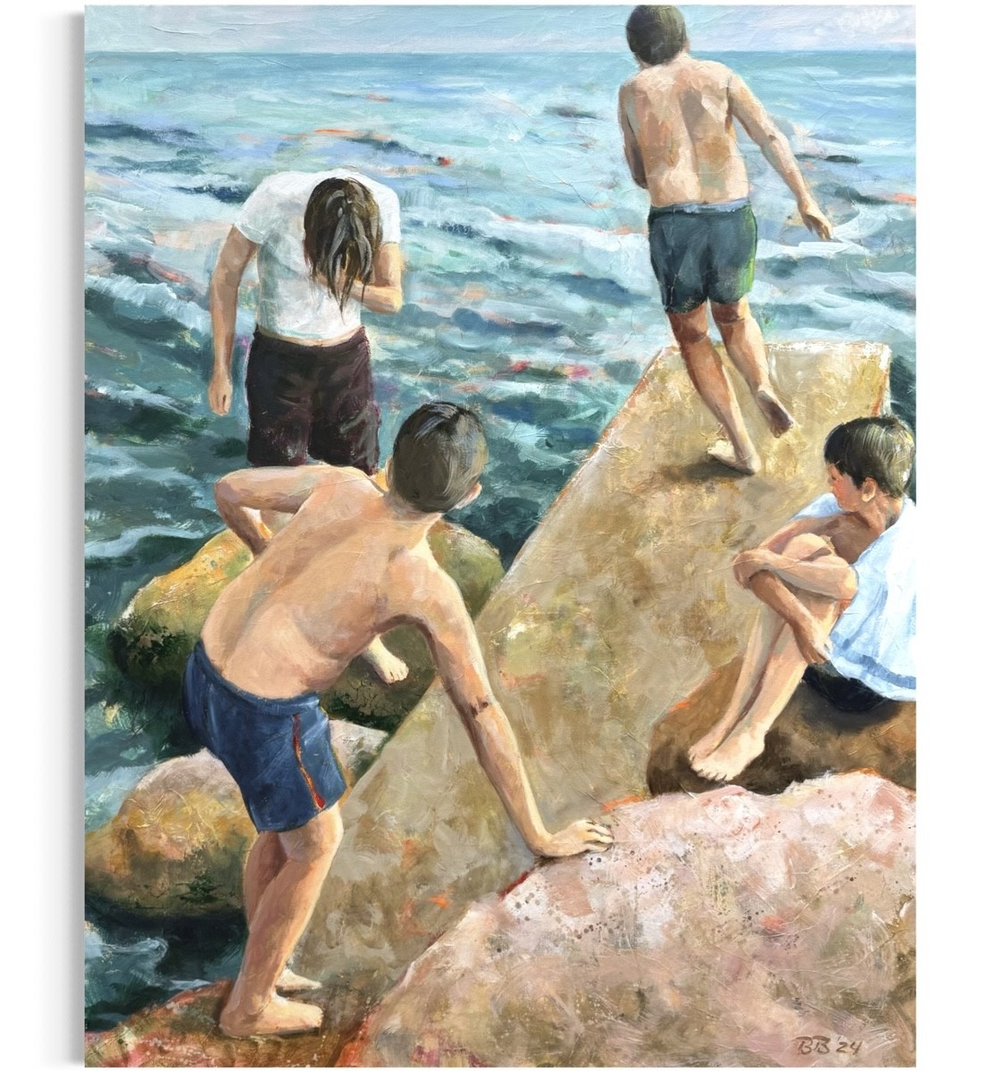 dbcb8276-c842-4ef6-ae30-99212d6b7060 Bettina Bülow-Böll Badespaß, Acryl auf Leinwand, 115 × 90 cm, Kinder auf Felsen am Meer beim Baden.