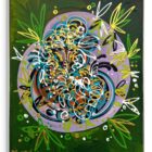 Leon Löwentraut Oracle 120 x 100 cm Mischtechnik auf Leinwand signiertes Unikat mit figurativer Darstellung, goldenen Linien und grünem Hintergrund.