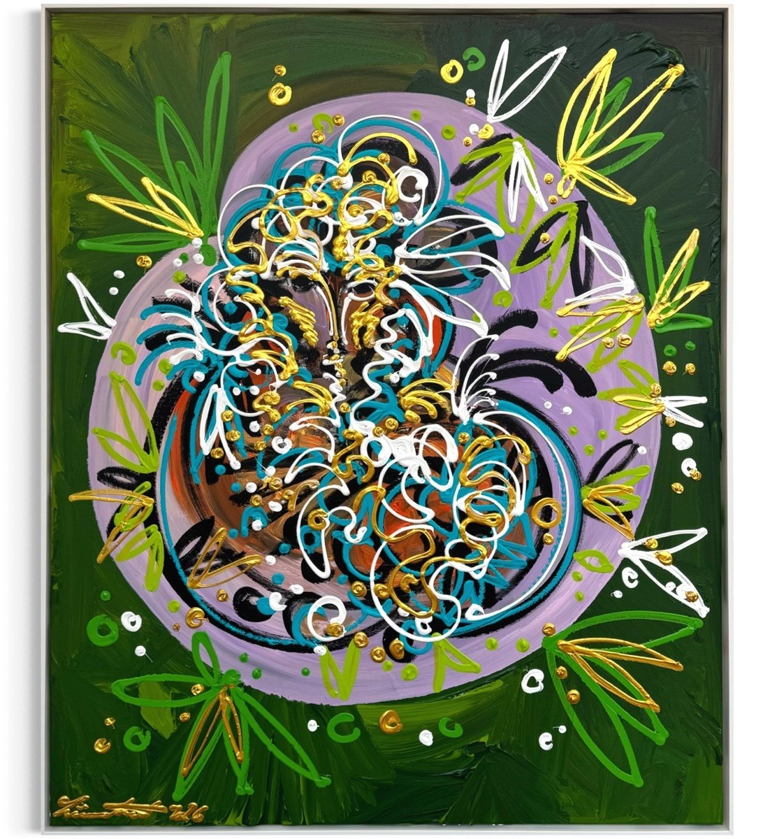 445f97ab-045e-4679-8cbd-a235c15ff276 Leon Löwentraut Oracle 120 x 100 cm Mischtechnik auf Leinwand signiertes Unikat mit figurativer Darstellung, goldenen Linien und grünem Hintergrund.