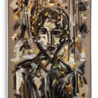 Leon Löwentraut Self Portrait of Young Leon 80 x 120 cm Mischtechnik auf Leinwand signiertes Unikat mit frontalem Porträt in Braun-, Schwarz- und Goldtönen.