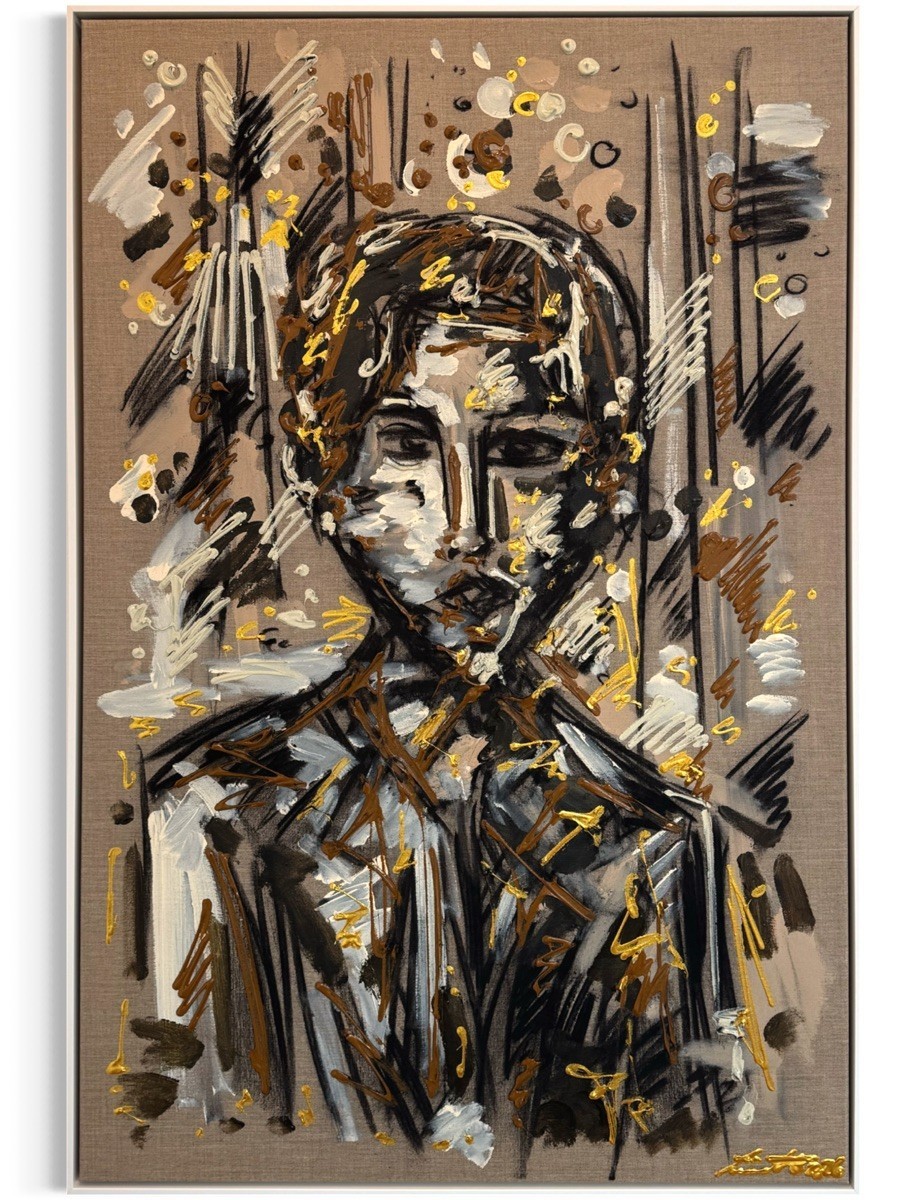 6176b000-d3f3-4629-8675-e317235df3fd Leon Löwentraut Self Portrait of Young Leon 80 x 120 cm Mischtechnik auf Leinwand signiertes Unikat mit frontalem Porträt in Braun-, Schwarz- und Goldtönen.