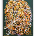 Leon Löwentraut Momentum 80 x 100 cm Mischtechnik auf Leinwand signiertes Unikat mit stilisiertem Porträt aus geschwungenen Linien in Orange, Weiß und Gold.