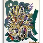 Leon Löwentraut Old Soul 80 x 100 cm Mischtechnik auf Leinwand signiertes Unikat mit stilisiertem Porträt, goldenen Linien und grünen Hintergrundformen.