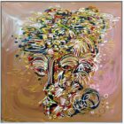 Leon Löwentraut Overthinker 153 x 153 cm Mischtechnik auf Leinwand signiertes Unikat mit stilisiertem Porträt und goldfarbenen Linien auf warmem Hintergrund