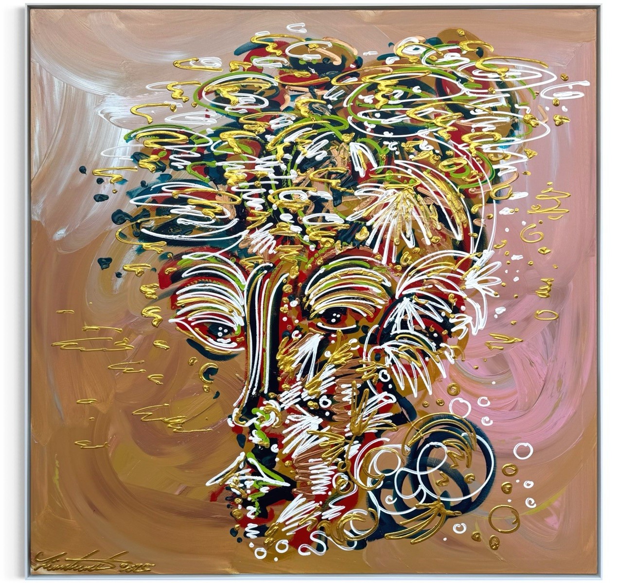 910e2dc7-d370-4660-93eb-a675a29dc482 Leon Löwentraut Overthinker 153 x 153 cm Mischtechnik auf Leinwand signiertes Unikat mit stilisiertem Porträt und goldfarbenen Linien auf warmem Hintergrund