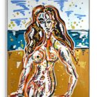 Leon Löwentraut Ungezähmte Zärtlichkeit 112 x 145 cm Mischtechnik auf Leinwand signiertes Unikat mit figurativer Darstellung einer Frau vor farbigem Hintergrund.