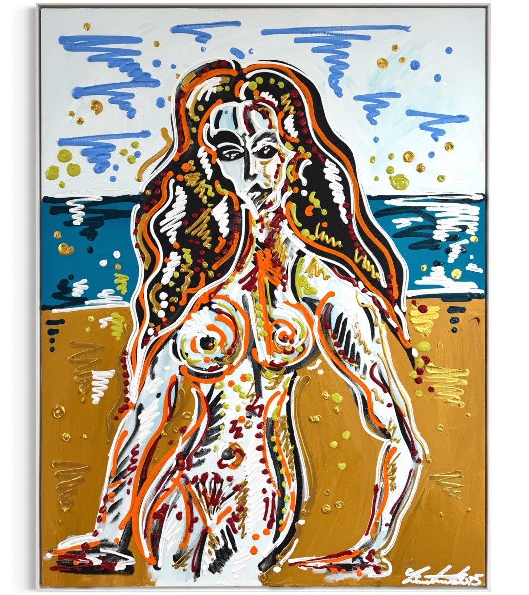 9a4c1f55-1969-4d4c-80bf-ff49722a5c7f Leon Löwentraut Ungezähmte Zärtlichkeit 112 x 145 cm Mischtechnik auf Leinwand signiertes Unikat mit figurativer Darstellung einer Frau vor farbigem Hintergrund.