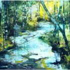 Gabriele Lockstaedt „Natürliche Ressourcen“, Mischtechnik auf Leinwand, 180 × 140 cm, Waldlandschaft mit Flusslauf und Birken.