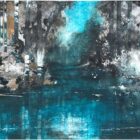 Gabriele Lockstaedt „Colours of a Quiet Evening“, Mischtechnik auf Leinwand, 100 × 120 cm, Waldlandschaft mit Wasser und türkisfarbenem Licht.