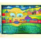 Hundertwasser Farbserigrafie aus der Mappe Look at it on a rainy Day mit Gesicht, Häusern und intensiver Farbgestaltung.