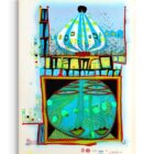 Hundertwasser Homo Humus Farblithographie 1982/83 mit Architekturform und stilisiertem Gesicht in kräftigen Farben, handsigniert.