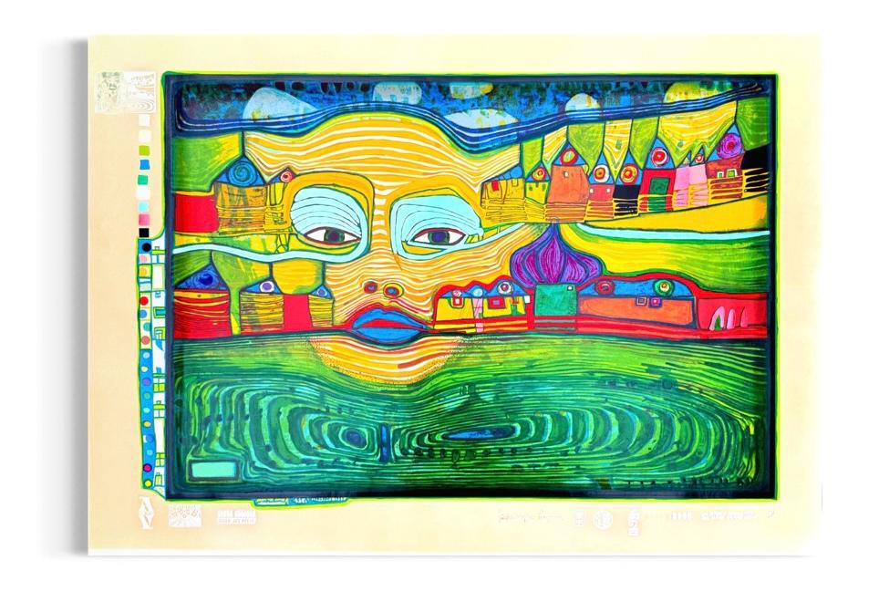 WhatsApp Image 2026-03-25 at 16.22.50 Hundertwasser Farbserigrafie aus der Mappe Look at it on a rainy Day mit Gesicht, Häusern und intensiver Farbgestaltung.