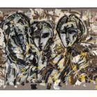 Leon Löwentraut The Watchers 120 x 80 cm Mischtechnik auf Leinwand signiertes Unikat mit drei stilisierten Porträts in Grau-, Schwarz- und Goldtönen.