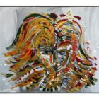 Leon Löwentraut Instinkt 100 x 80 cm Mischtechnik auf Leinwand signiertes Unikat mit frontalem Porträt und dynamischen Farbaufträgen auf hellem Hintergrund.