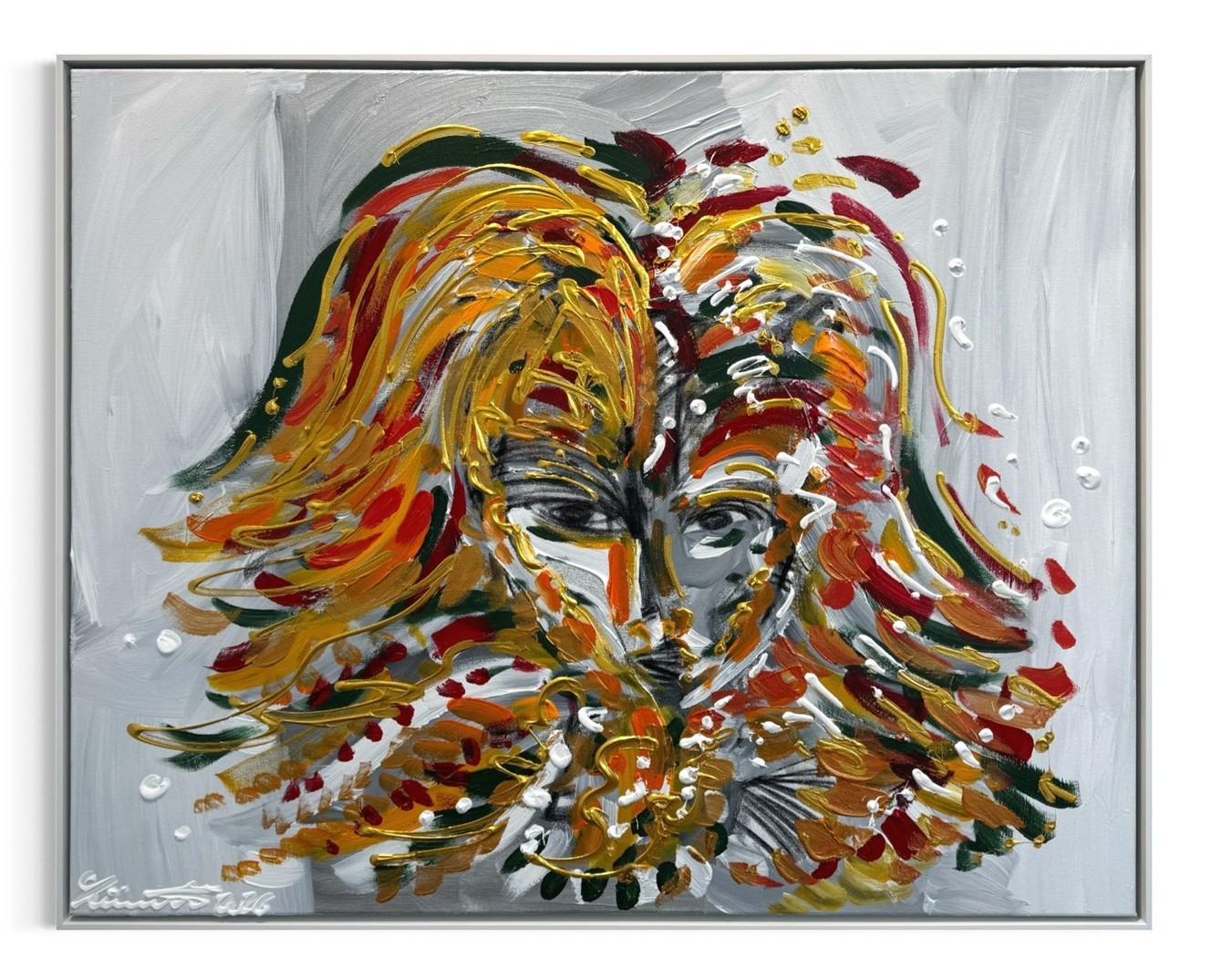 bec8a9ba-e4f4-4aba-92d3-979eb879c0c9 Leon Löwentraut Instinkt 100 x 80 cm Mischtechnik auf Leinwand signiertes Unikat mit frontalem Porträt und dynamischen Farbaufträgen auf hellem Hintergrund.