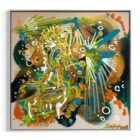 Leon Löwentraut The Concert 70 x 70 cm Mischtechnik auf Leinwand signiertes Unikat mit abstrakter Figur aus Linien, Farbflächen und goldenen Akzenten.