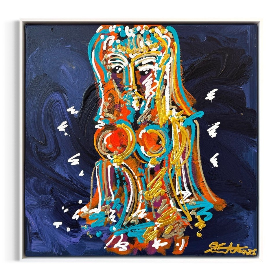 fb053c61-461f-4626-b831-e539a85ea87a Leon Löwentraut A Woman by Night 70 x 70 cm Mischtechnik auf Leinwand signiertes Unikat mit figurativer Darstellung auf dunkelblauem Hintergrund.