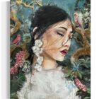 Astrid Stöfhas Matcha Garden – Porträt einer Frau mit Vögeln, Pflanzen und Blattgold, Öl und Mischtechnik auf Leinwand.