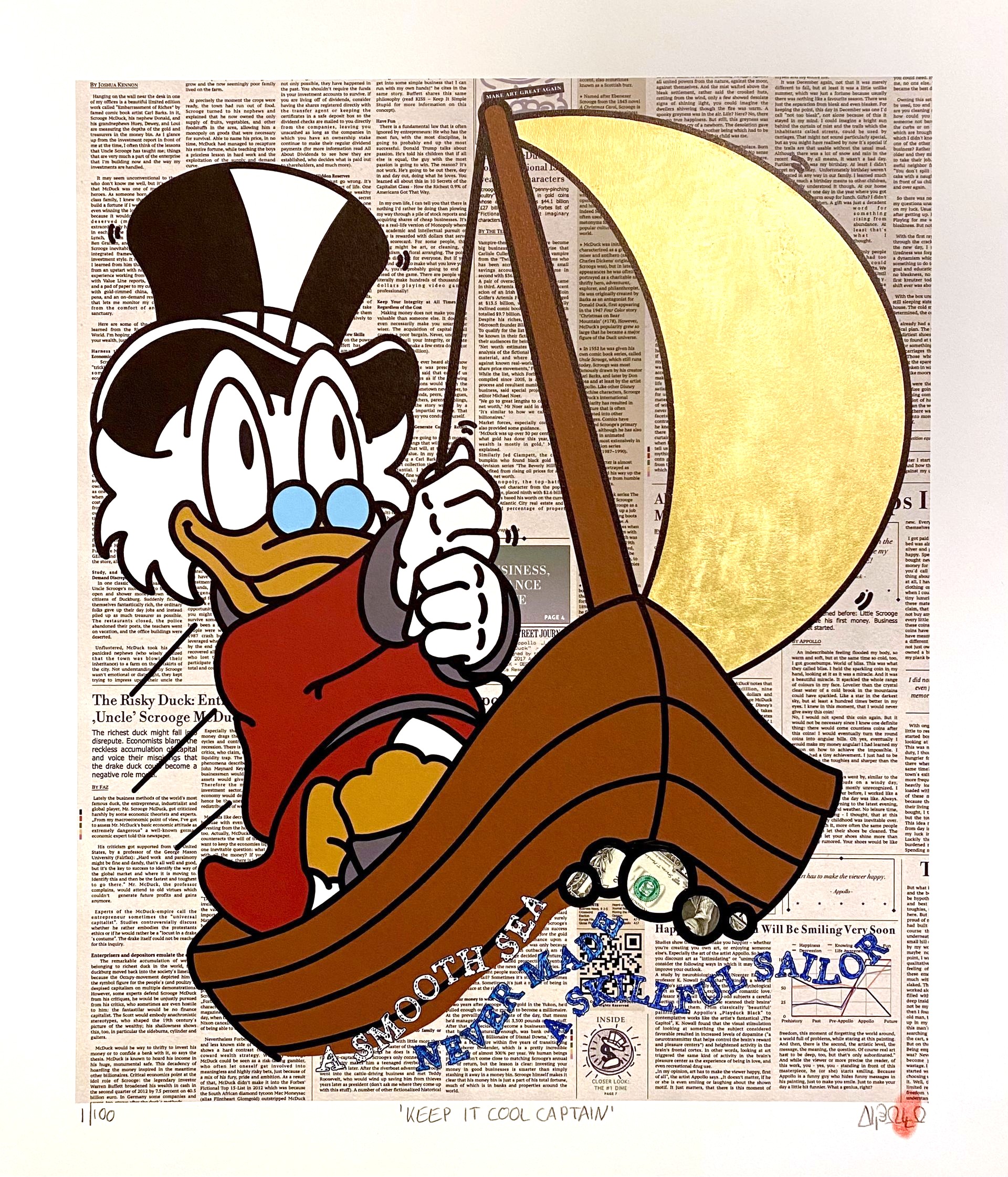 KEEP+IT+COOL+CPT-2880w Appollo KEEP IT COOL CAPTAIN Collage mit Dagobert Duck und 24 Karat Blattgold auf Zeitungshintergrund