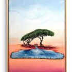 Zeitgenössisches Gemälde „Oleandro d’ Acqua“ von Anna Lipski und Madeline Lunkeit mit mediterranen Bäumen und Wasserfläche in leuchtenden Rosa- und Blautönen.