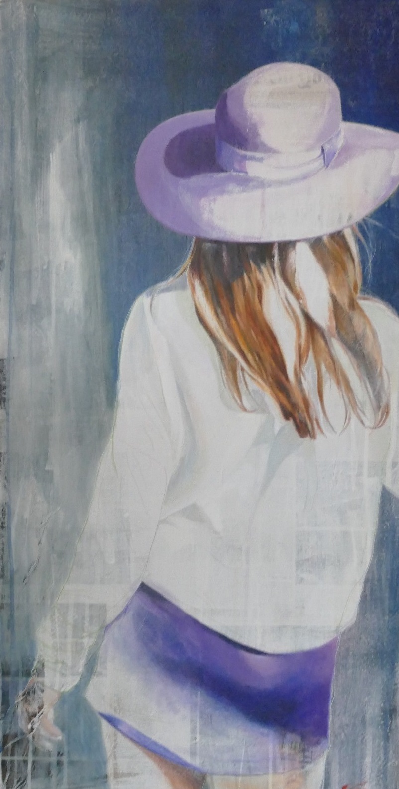 Gemälde „Tuileries Paris“ von Jörg Extra – 50 × 100 cm Unikat mit Rückansicht einer Frau mit Hut & weißen Stoffen vor dunklem