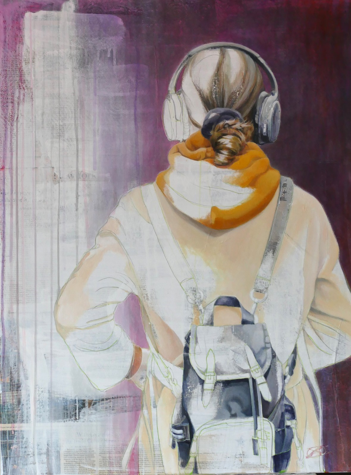 Gemälde „Headphones“ von Jörg Extra – 60 × 80 cm Unikat mit Frau von hinten