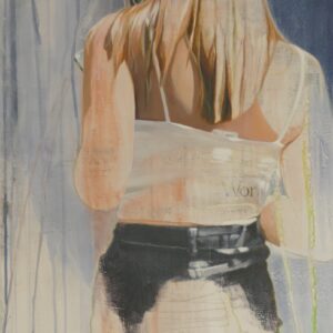 Gemälde „Girl with Phone“ von Jörg Extra – 50 × 100 cm Acryl-Unikat mit Rückansicht einer jungen Frau am Smartphone