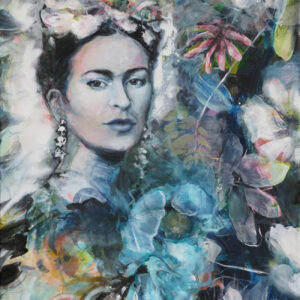 Gemälde „Frida mit blauer Blume“ von Monika Kaiblinger – ausdrucksstarkes Acrylporträt mit blauen und grünen Tönen