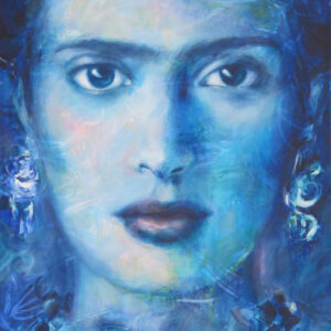 Gemälde „Blaue Frida“ von Monika Kaiblinger – 100 × 130 cm Unikat mit expressivem Frida-Kahlo-Porträt in Blau