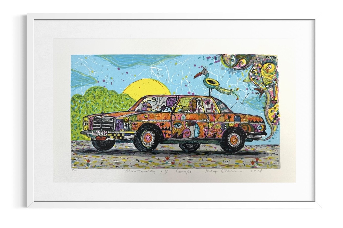 Max Grimm Mercedes /8 Coupé Serigrafie auf Büttenpapier mit bunt gestaltetem Mercedes Oldtimer